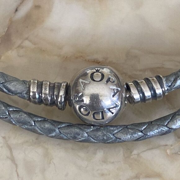 Pandora Moments Double Grey Leather Bracelet 925 Sterling Silver Round Clasp - Picture 5 of 6